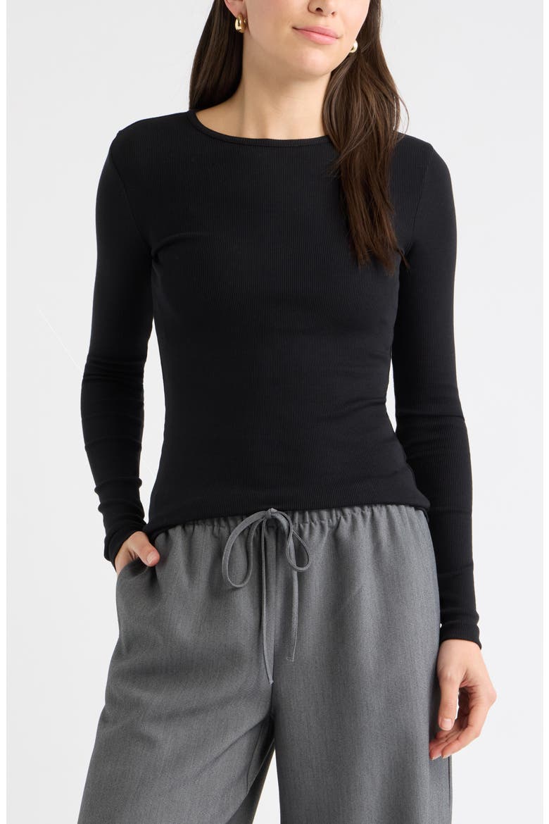 Rib Crewneck Long Sleeve Top, Main, color, BLACK