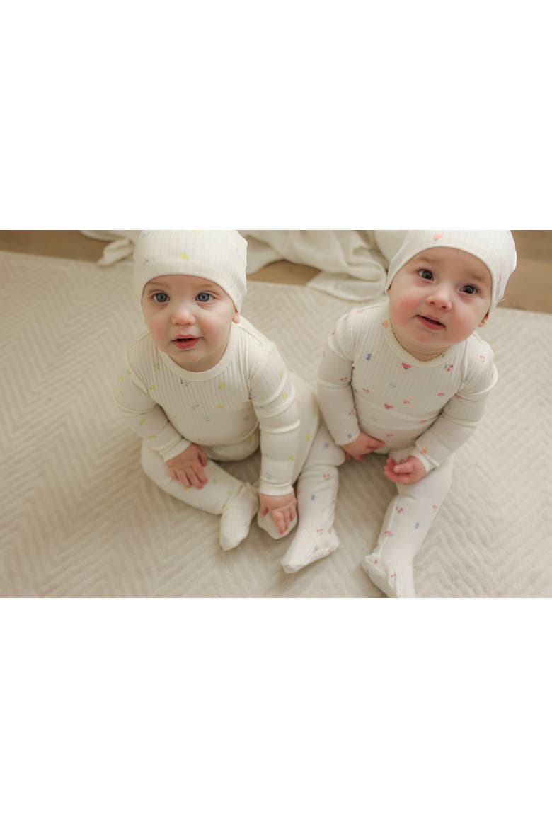 Fruit Pointelle Snap Back Long Sleeve Romper and Bonnet Set, Alternate, color, Off White/Blue