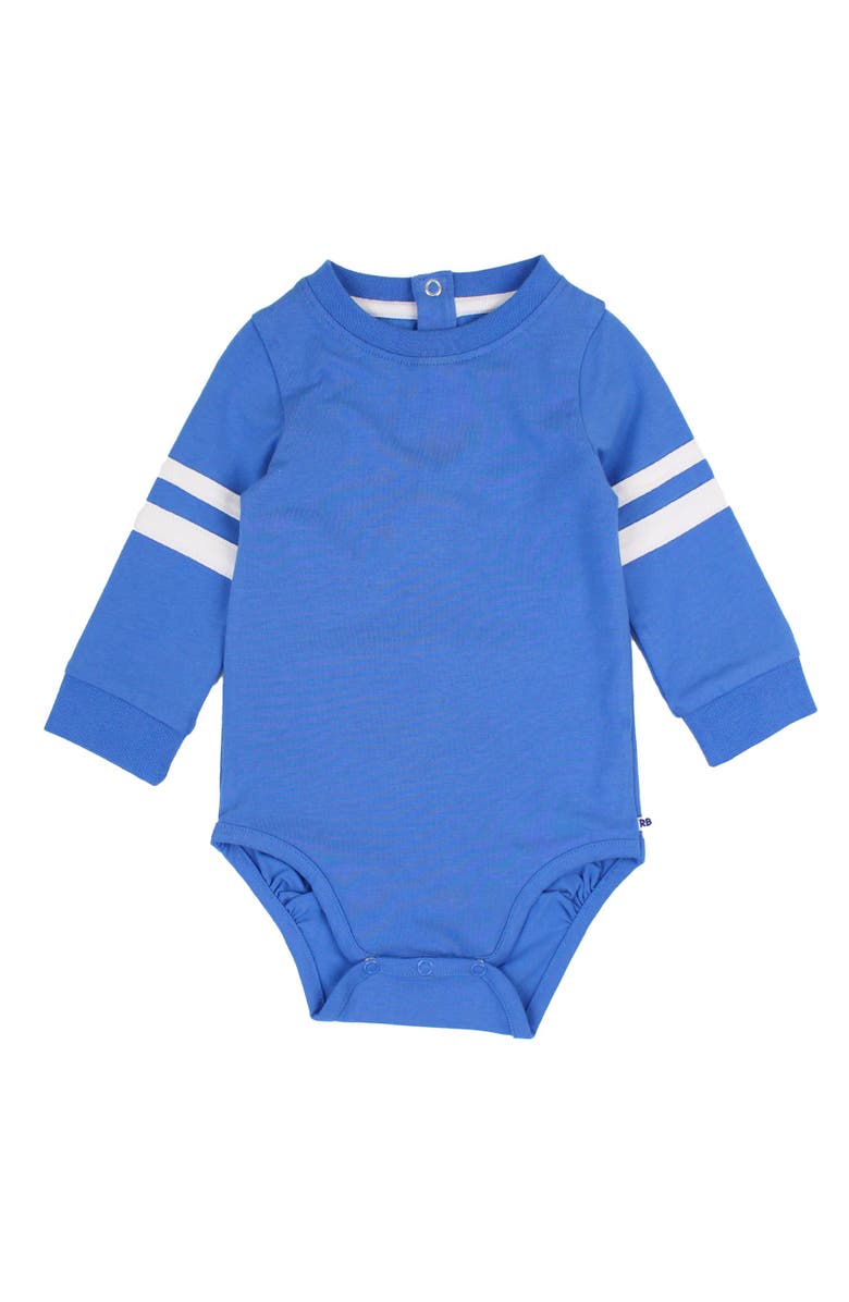 RuffleButts Baby Boys Racing Stripe Long Sleeve Bodysuit, Main, color, Sonic Blue