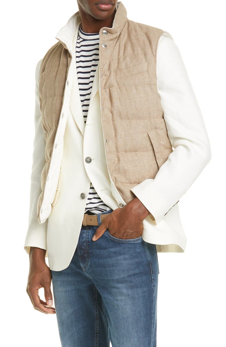 Brunello Cucinelli Reversible Linen Blend Hopsack Down Vest, Main, color, 