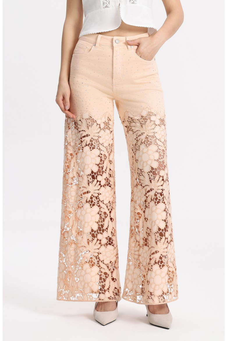 Crystal Embellished Lace Wide Leg Jeans, Main, color, APRICOT
