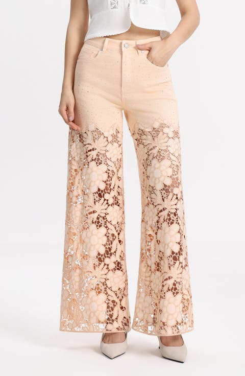Crystal Embellished Lace Wide Leg Jeans