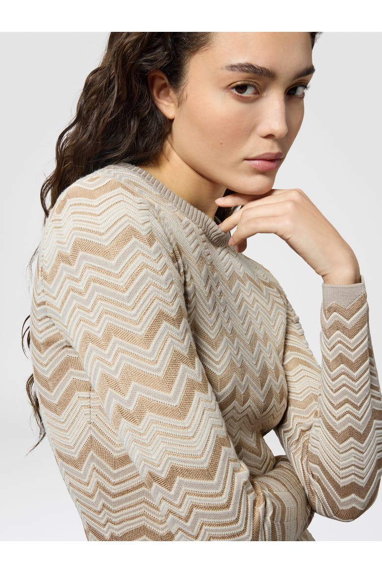 Zig Zag Viscose And Wool Crewneck Dress, Alternate, color, Beige