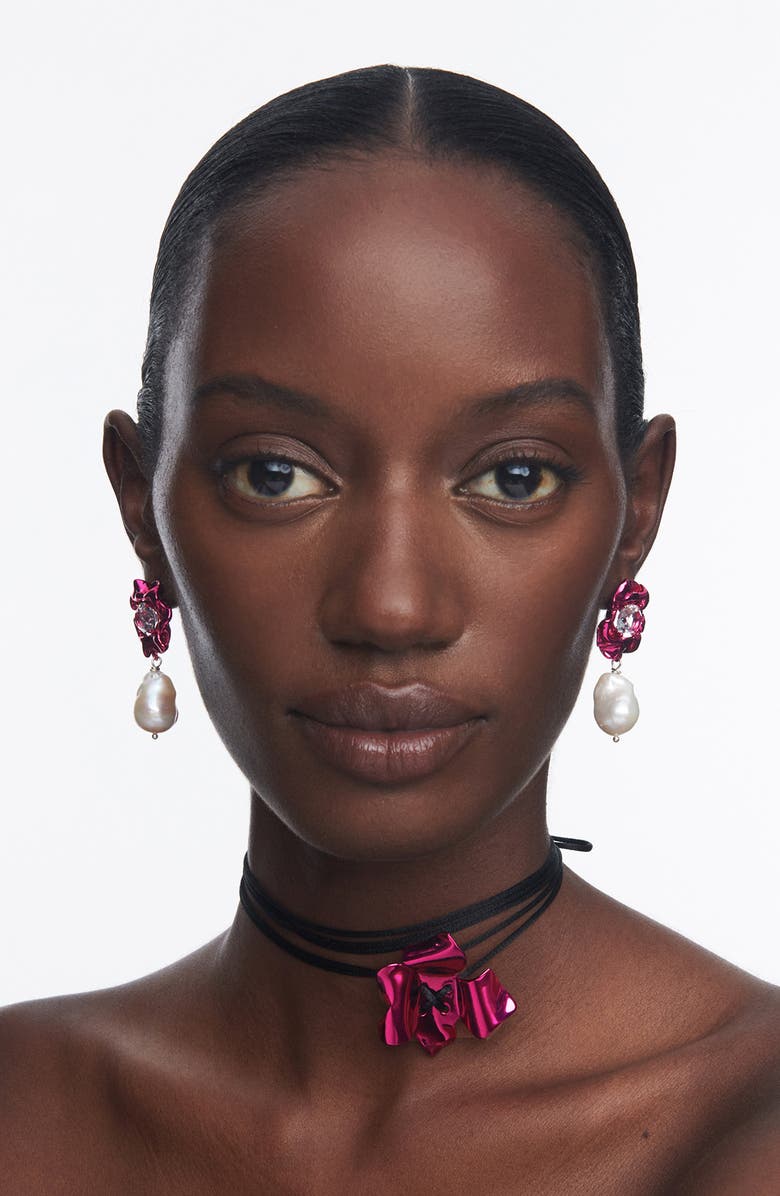 Sterling King Lola Floral Baroque Pearl Drop Earrings, Alternate, color, Fuchsia