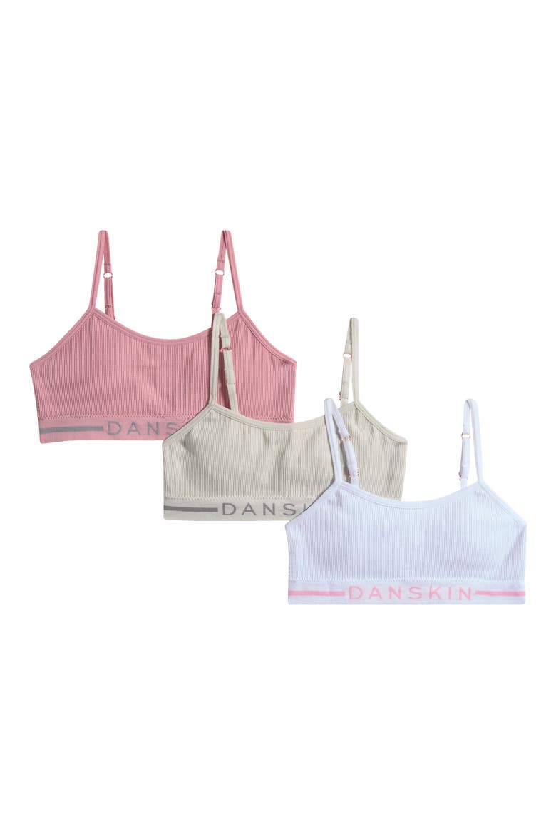 Kids' Assorted 3-Pack Rib Bralettes, Main, color, AURA MIST/ PINK BROCADE