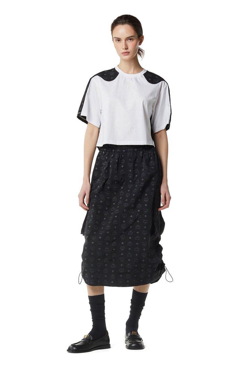MCM Laurel Cropped T-Shirt in Organic Cotton and Monogram ECONYL, Main, color, Black And White