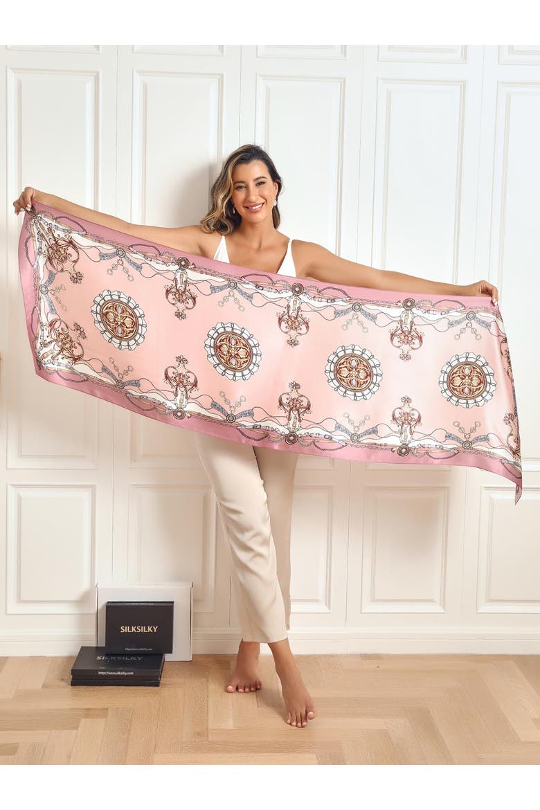 Silk Printed Rectangular Long Stole Scarf, Alternate, color, Pink
