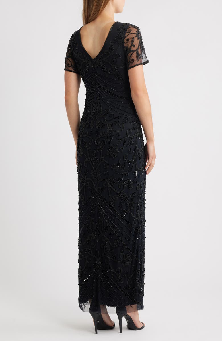 Pisarro Nights Beaded Mesh Gown, Alternate, color, Black