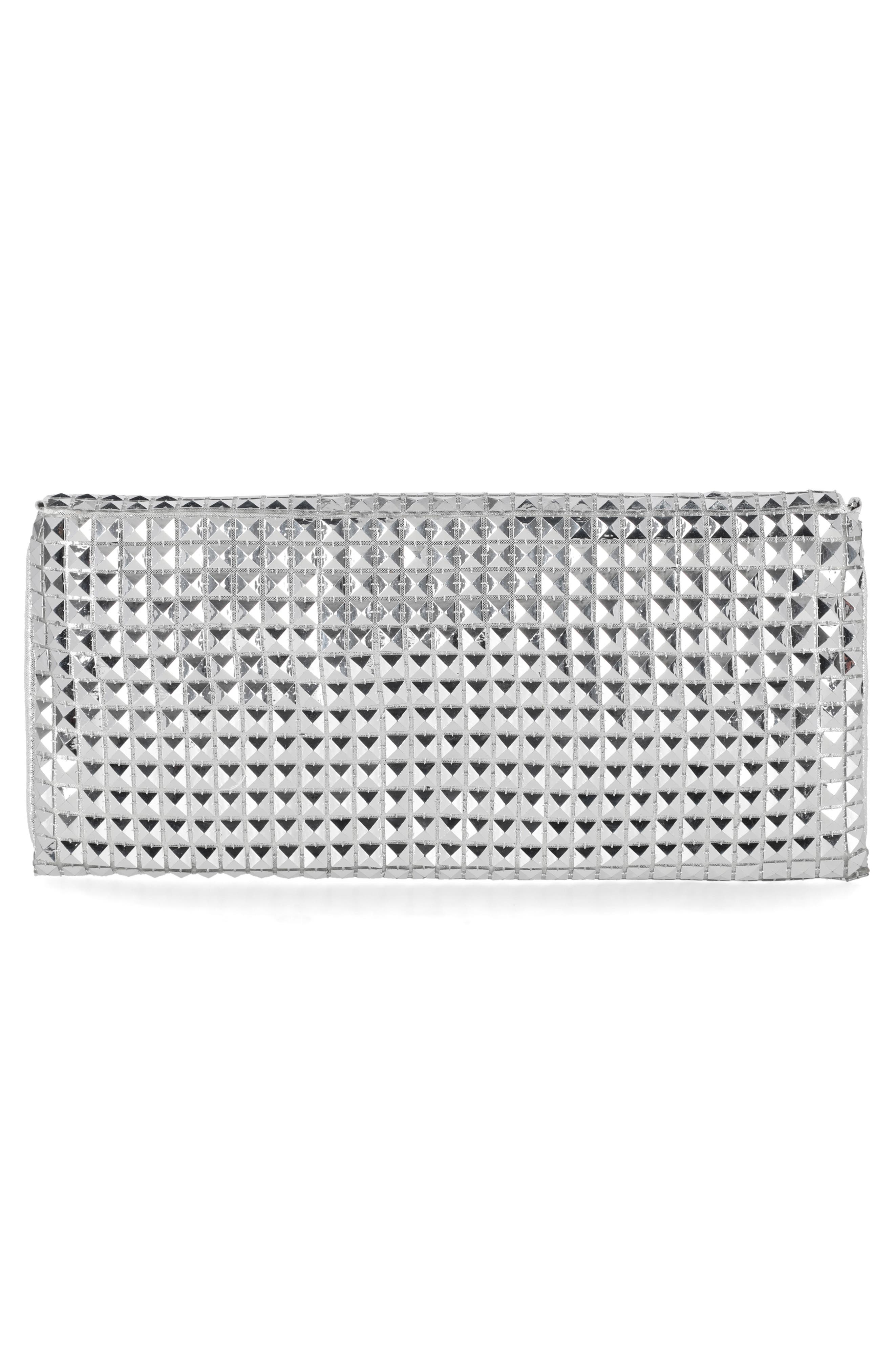 Jessica McClintock Helena Pyramid Mesh Flap Clutch, Alternate, color, Silver
