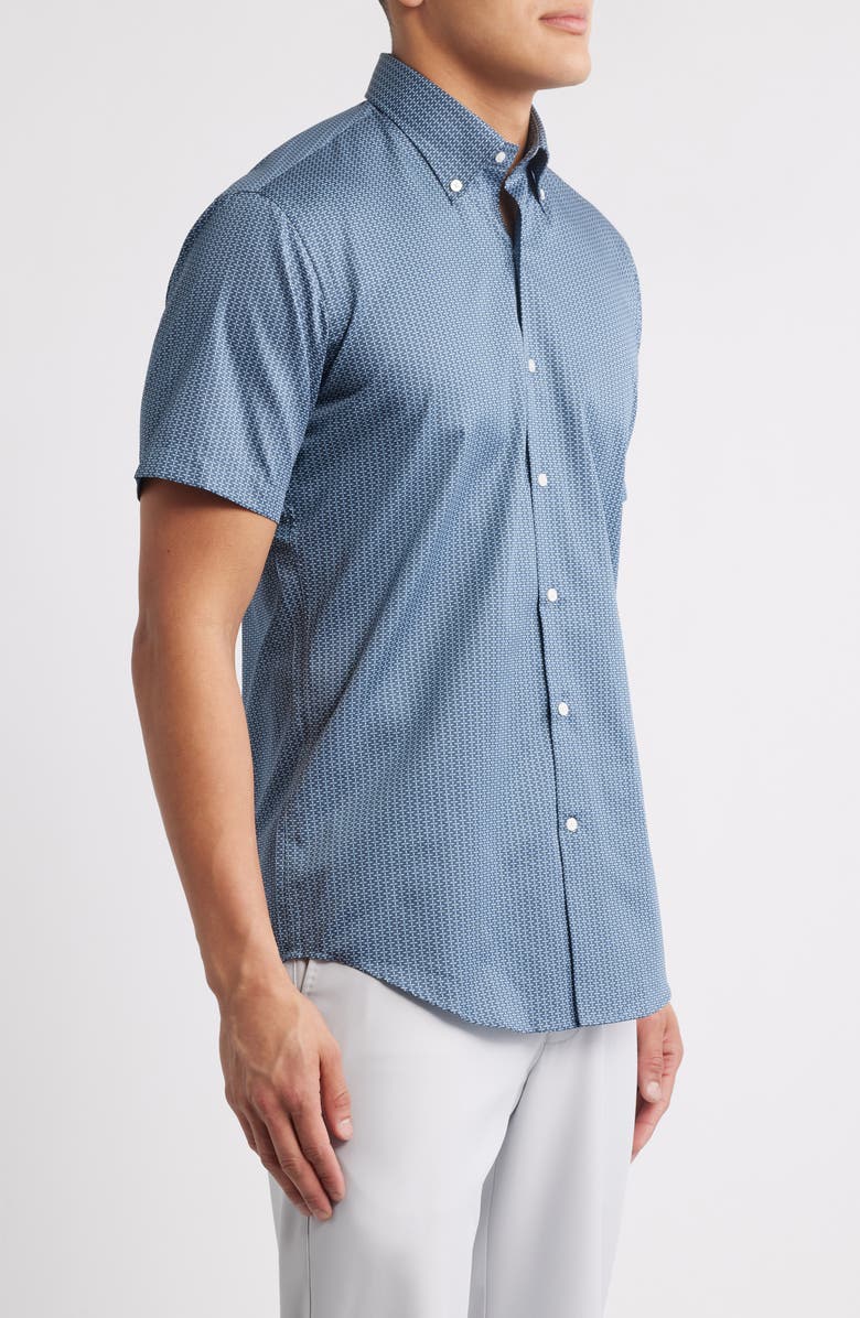 Peter Millar Zollar Geometric Print Short Sleeve Button-Down Shirt, Alternate, color, Blue Haze