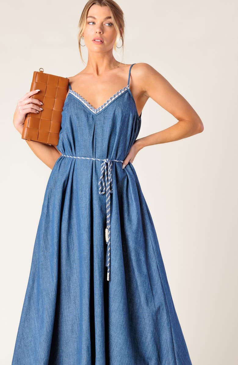 FLYING TOMATO Denim Midi Sundress, Alternate, color, Medium Indigo