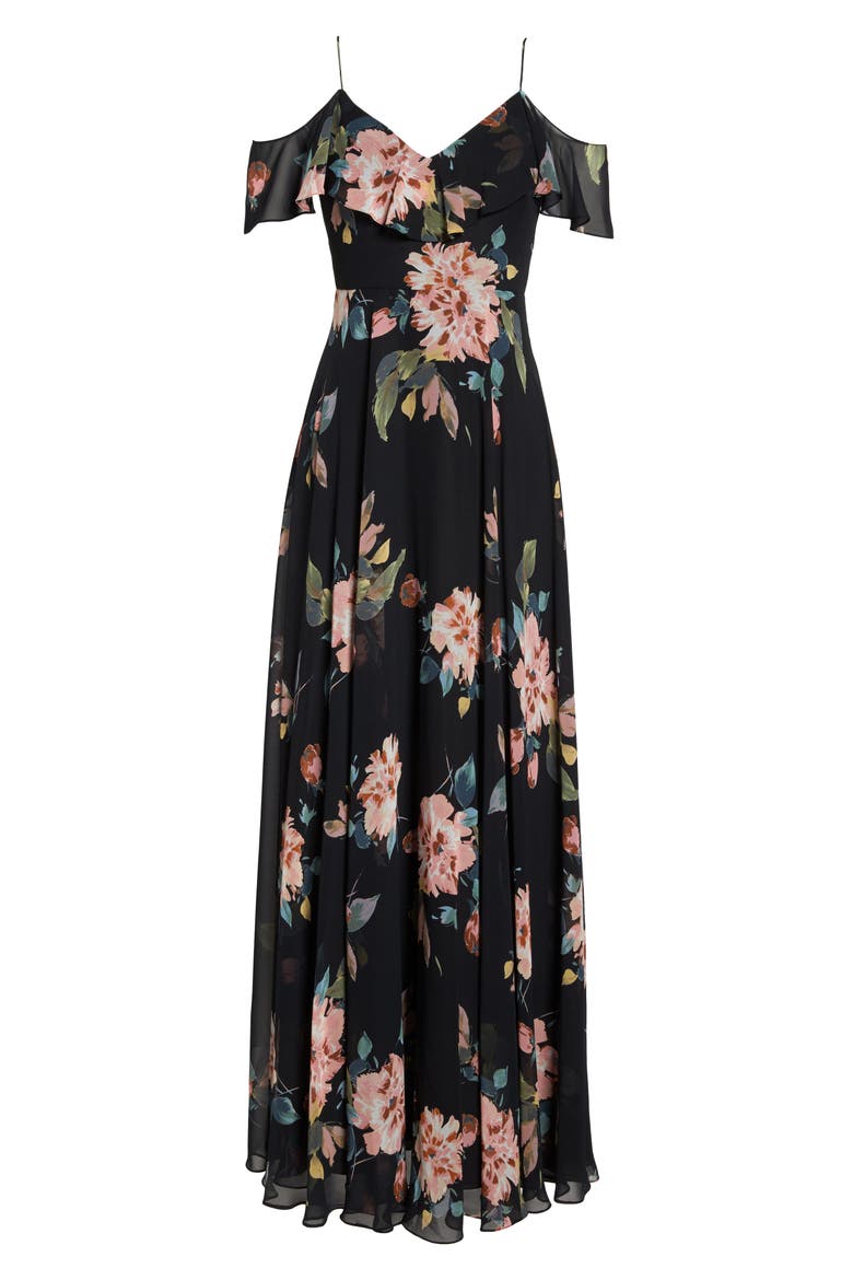 Mila Cold Shoulder Gown, Alternate, color, BLACK MULTI