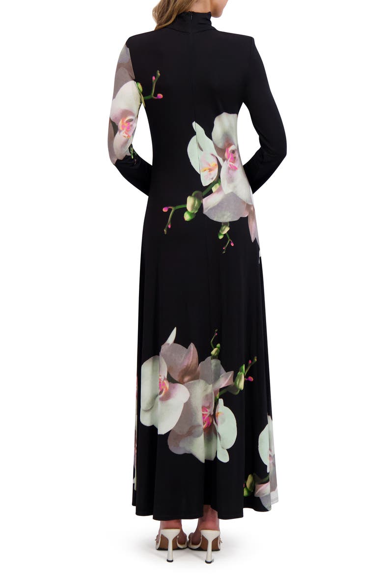 Placed Floral Turtleneck Long Sleeve Maxi Dress, Alternate, color, RICH BLACK