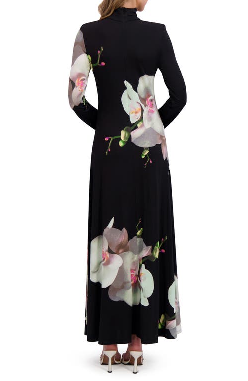 Ted Baker Placed Floral Turtleneck Long Sleeve Maxi Dress In Black
