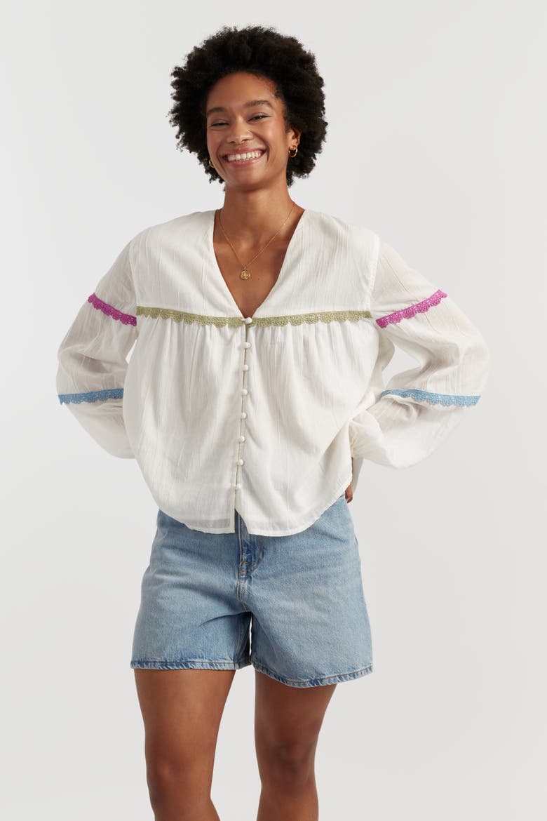 Cotton Rainbow Scallop Blouse, Main, color, Cream