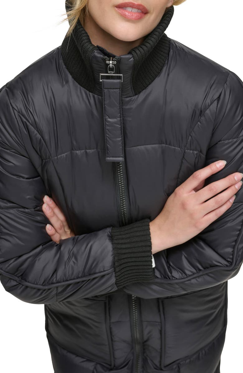 Andrew Marc Ribbed Collar Long Puffer Jacket, Alternate, color, Black