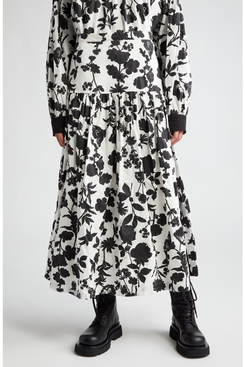 Udente Floral Print Tiered Cotton & Silk Skirt, Main, color, WHITE BLACK