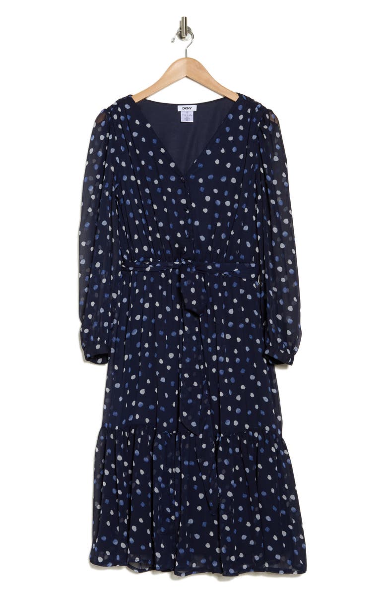 DKNY Polka Dot Long Sleeve Chiffon Midi Dress, Alternate, color, Navy Multi