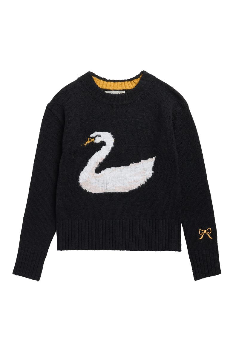 Kids' Swan Print Pullover Sweater, Main, color, BLACK