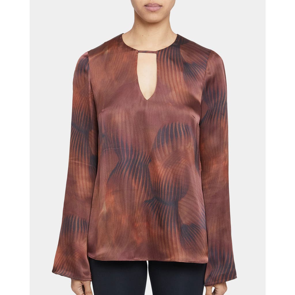 Santorelli Noa Long Sleeve Keyhole Silk Blouse In Hickory Brown