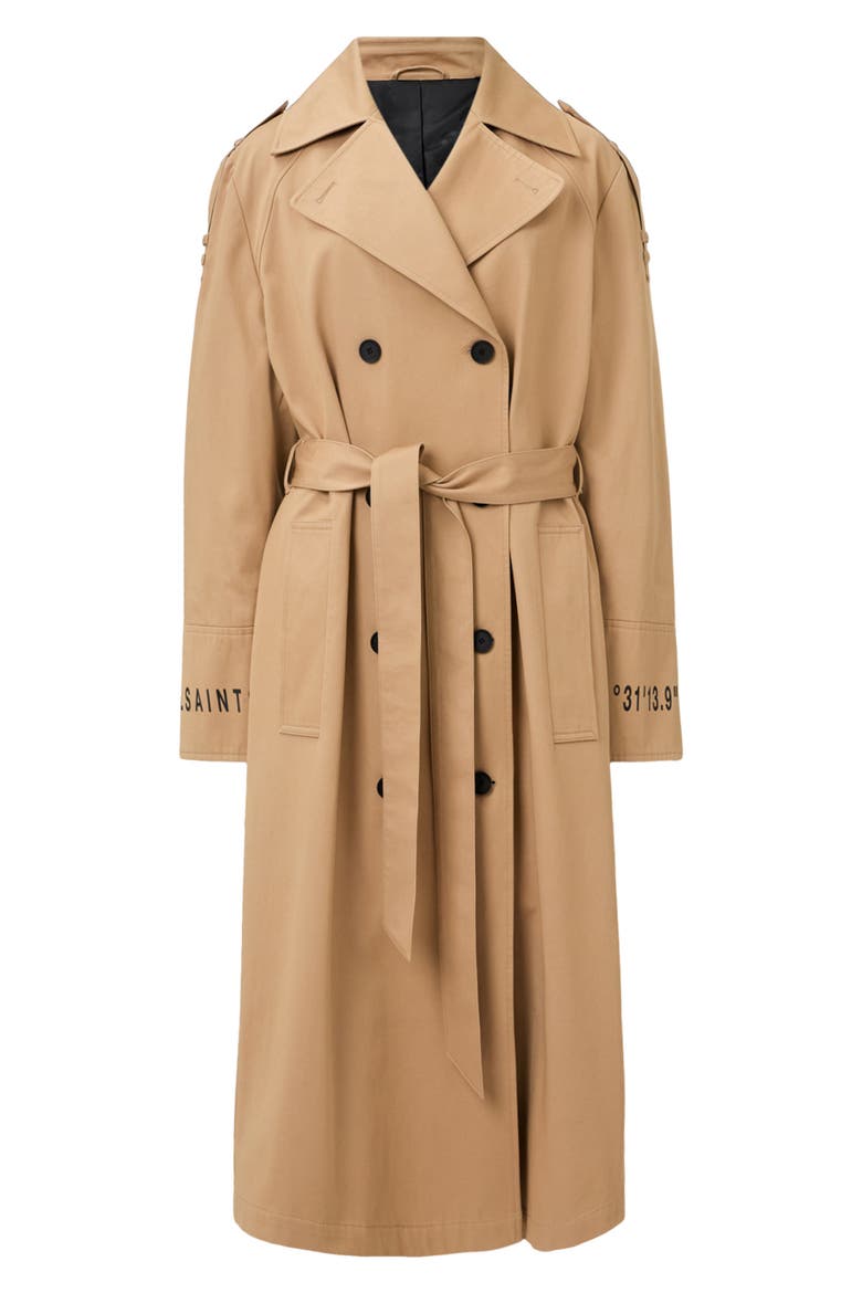 Demmi Tie Waist Double Breasted Trench Coat, Alternate, color, ICED COFFEE BROWN