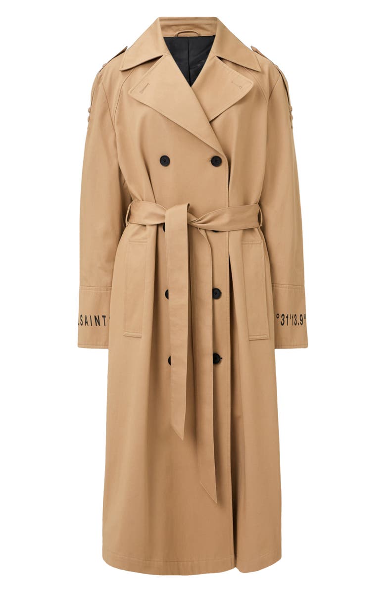 AllSaints Demmi Tie Waist Double Breasted Trench Coat, Alternate, color, 