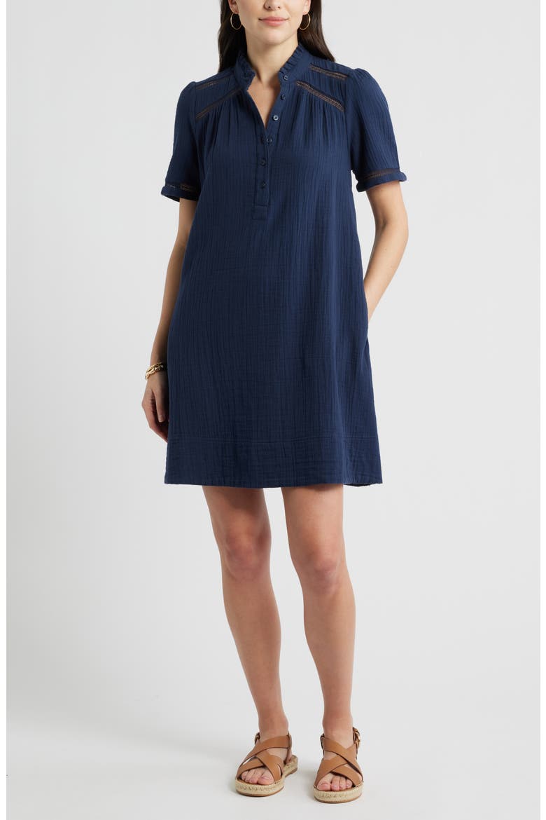 Ruffle Embroidered Inset Cotton Shift Dress, Main, color, NAVY STILL