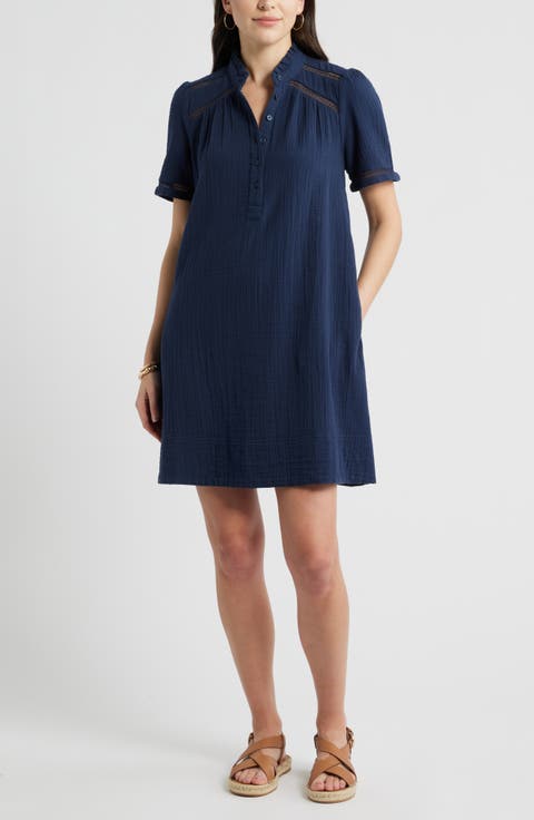 Ruffle Embroidered Inset Cotton Shift Dress