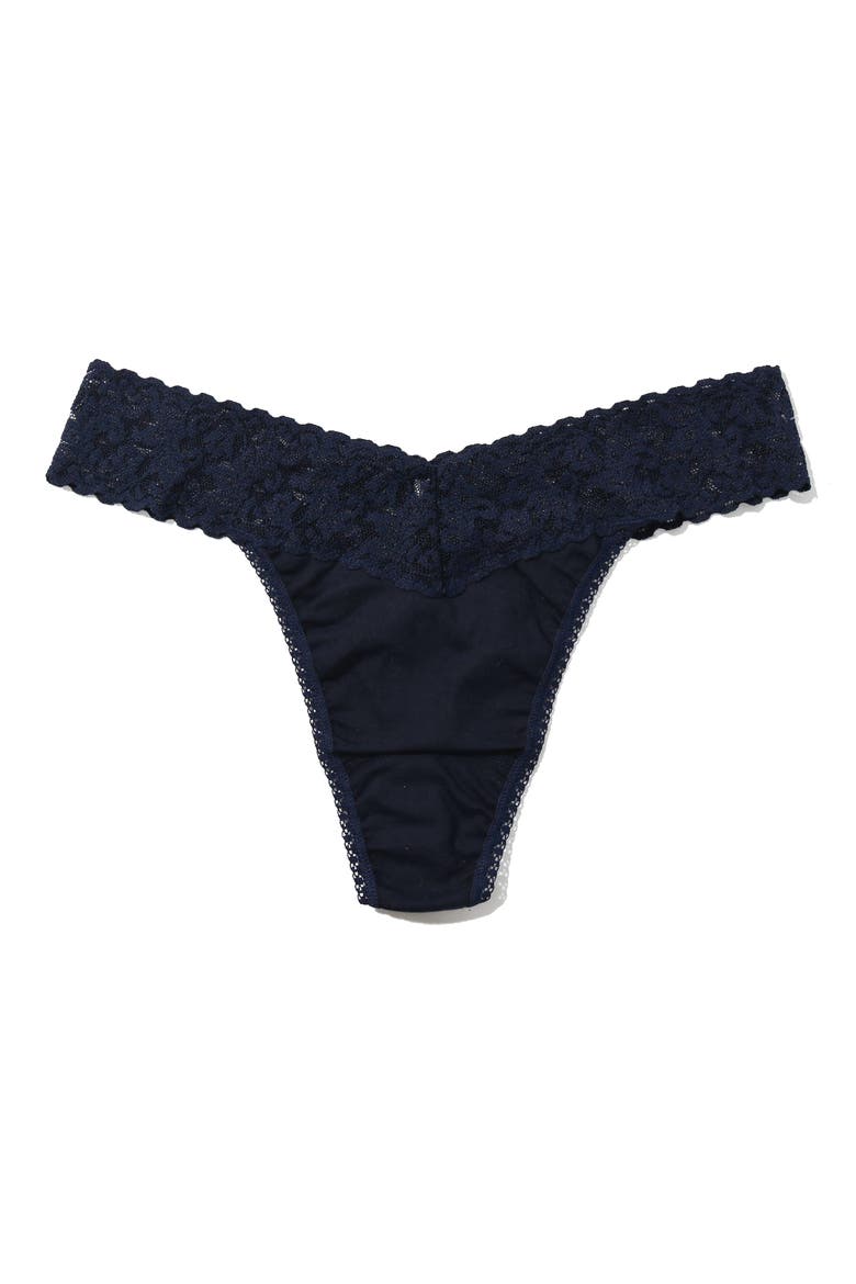 Cotton & Stretch Lace Original Rise Thong, Alternate, color, NAVY