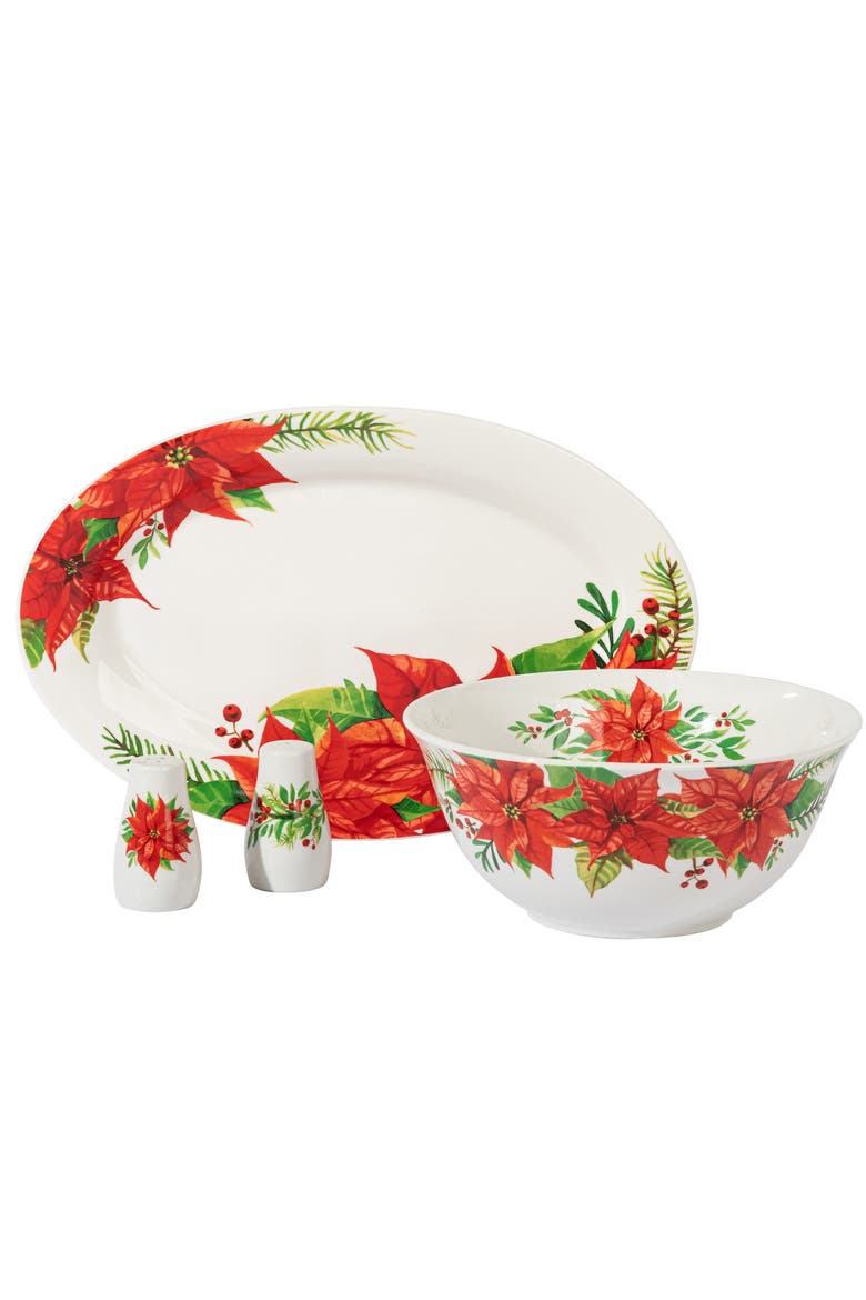 4 Piece Ceramic Serving Set  With Poinsettia Decorations, Main, color, Red