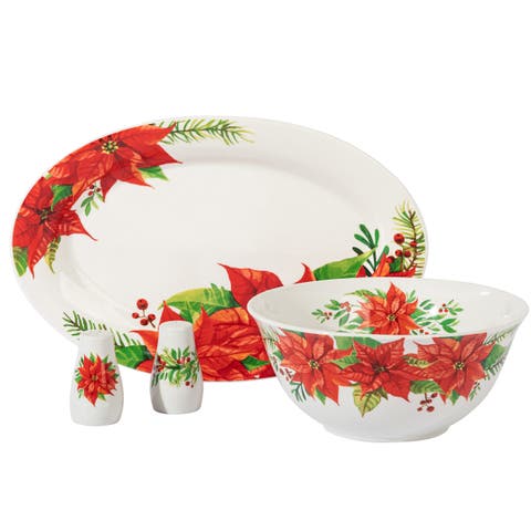 4 Piece Ceramic Serving Set  With Poinsettia Decorations