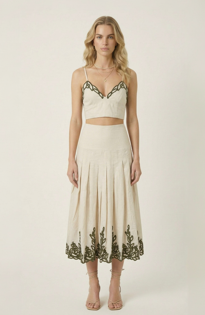 Modenaire Embroidered Crop Top and Pleated Midi Skirt Set, Main, color, 