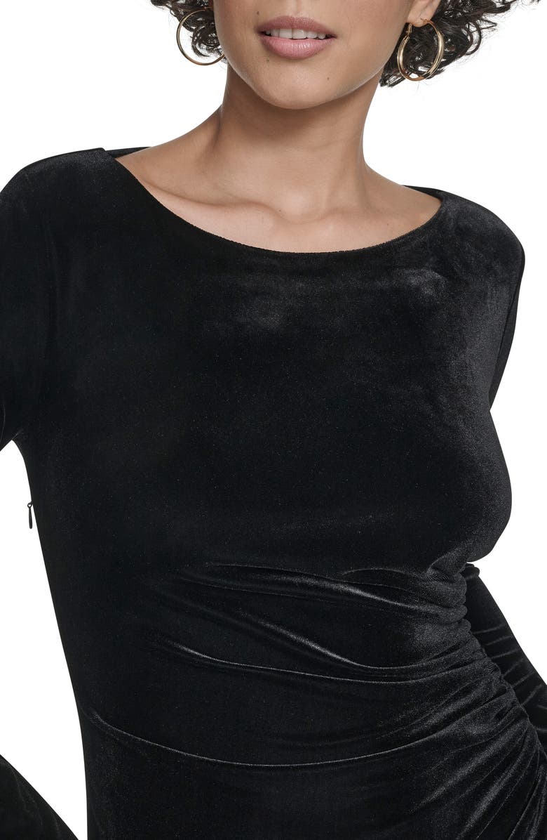 Calvin Klein Long Sleeve Ruched Velvet Gown, Alternate, color, Black