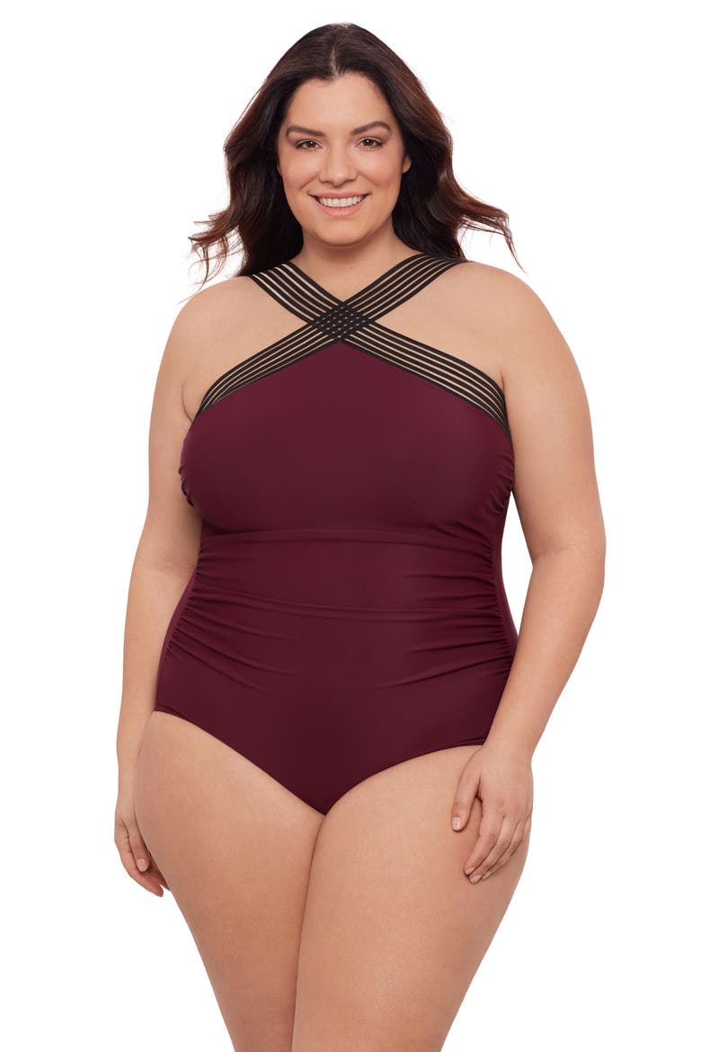 Plus Size Novelty Trim High Criss Cross Neck Full Coverage One-Piece Swimsuit, Main, color, Currant