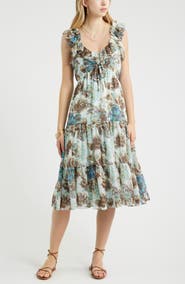Treasure & Bond Print Ruffle Trim Tiered Midi Dress