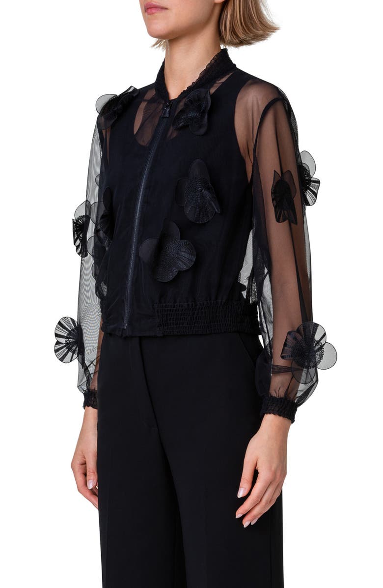 Akris Taida Poppy Appliqué Sheer Bomber Jacket, Alternate, color, Black