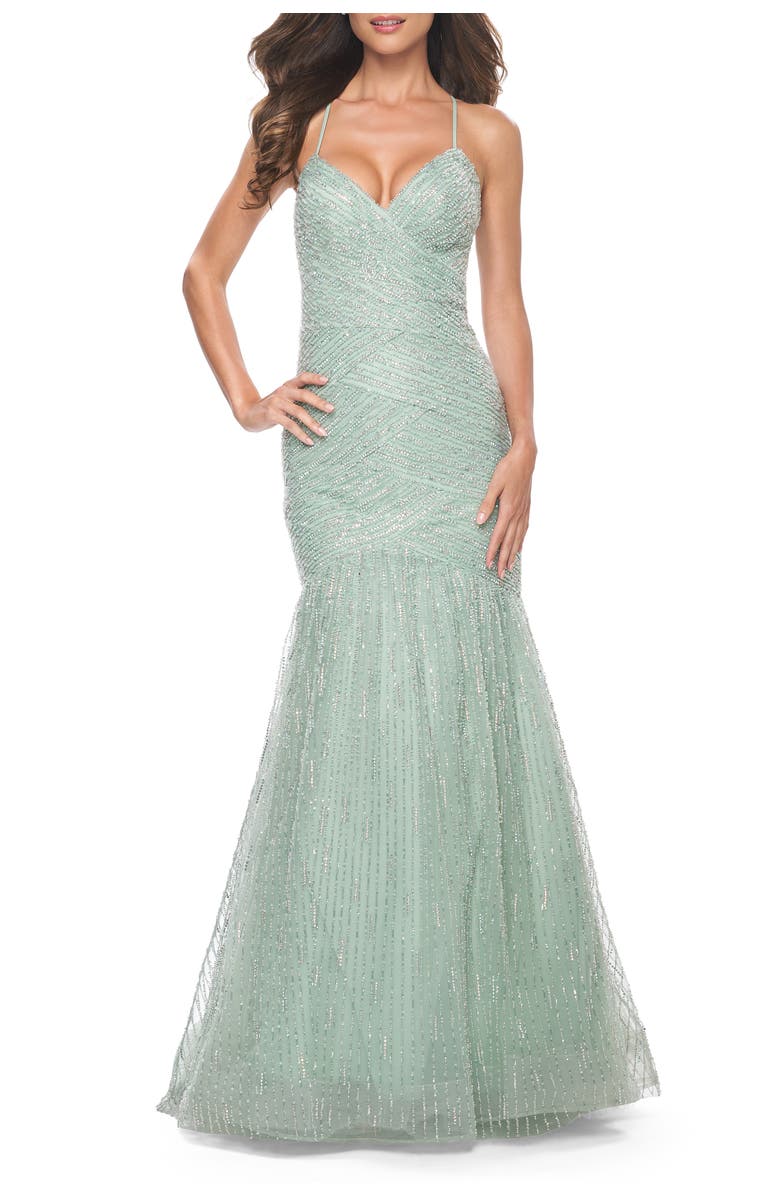 La Femme Intricate Beaded and Rhinestone Mermaid Prom Dress, Main, color, Sage