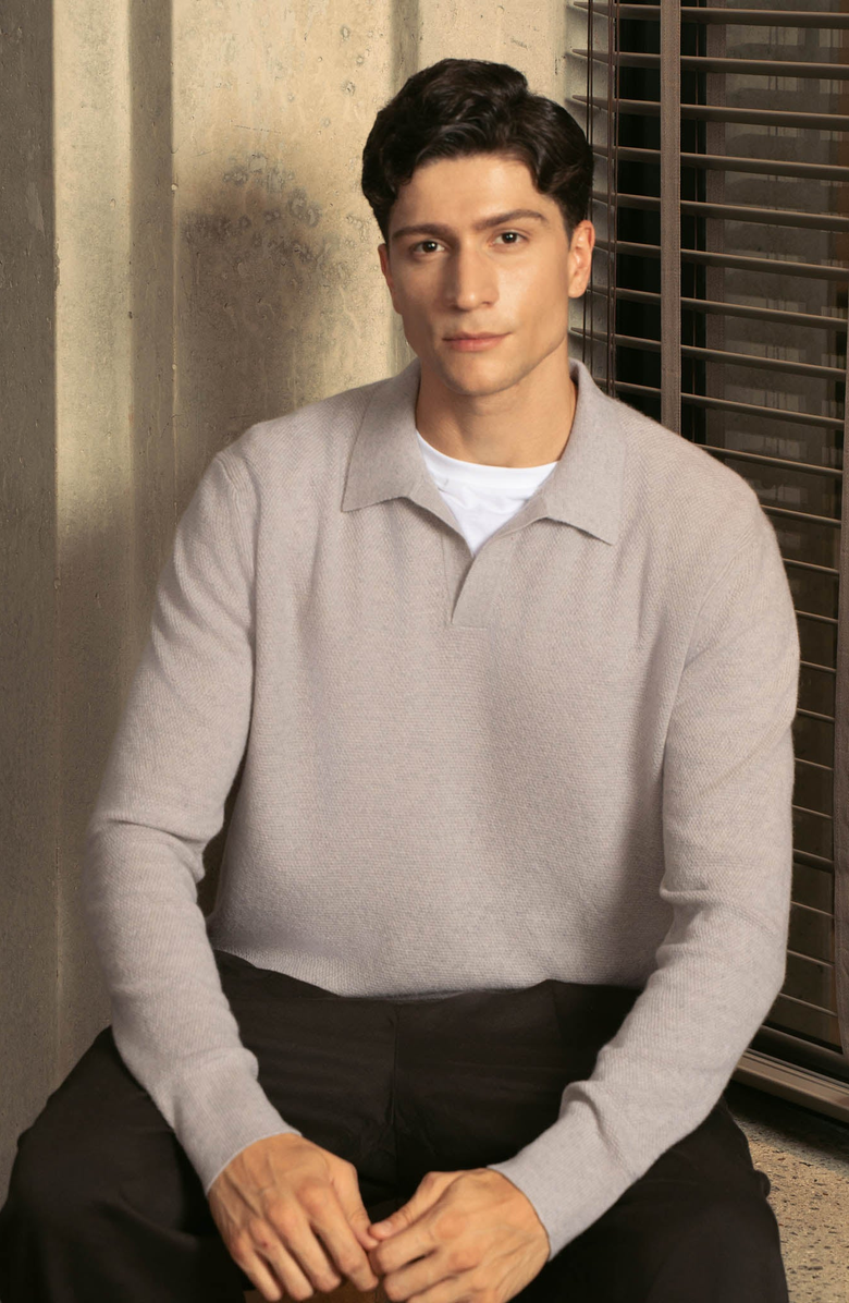 Italic Olivier Birdseye Cashmere Long Sleeve Polo, Alternate, color, Toasted Oat