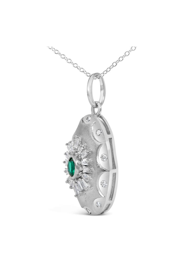 Sterling Silver Lab Grown Emerald and Diamond Sunburst Medallion Pendant Necklace, Alternate, color, Silver