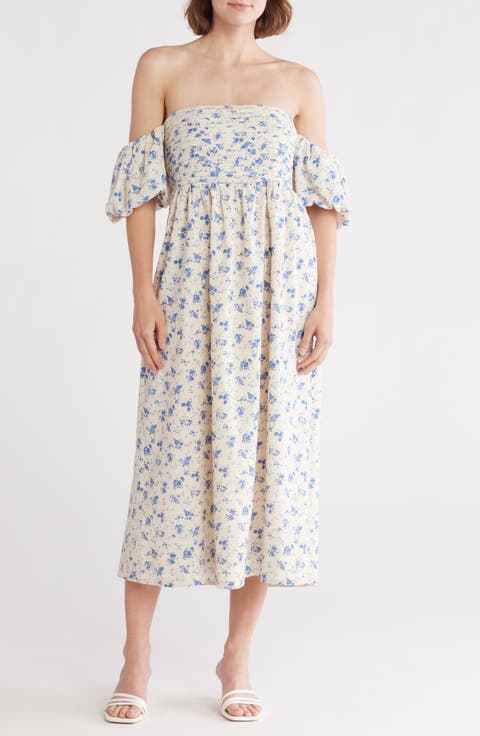 Off the Shoulder Pleated Midi Dress
