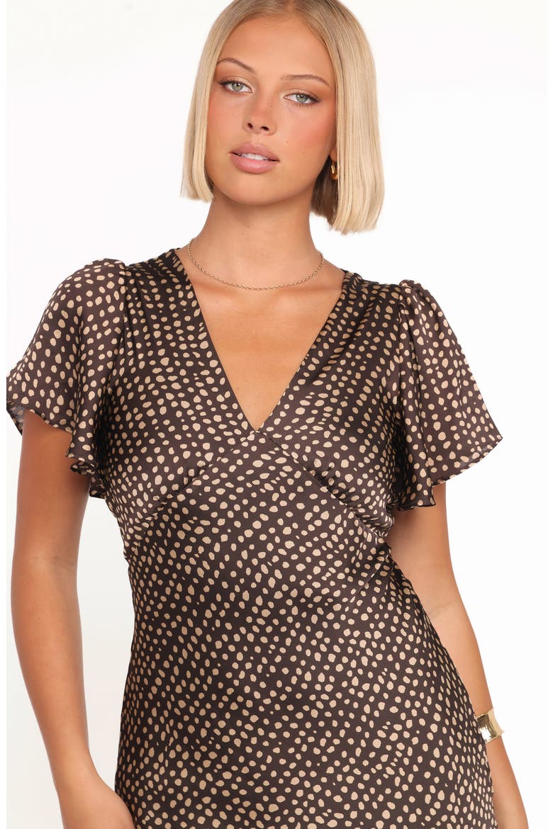 Flossy Print Flutter Sleeve Satin Maxi Dress, Alternate, color, UMBER/ TAUPE