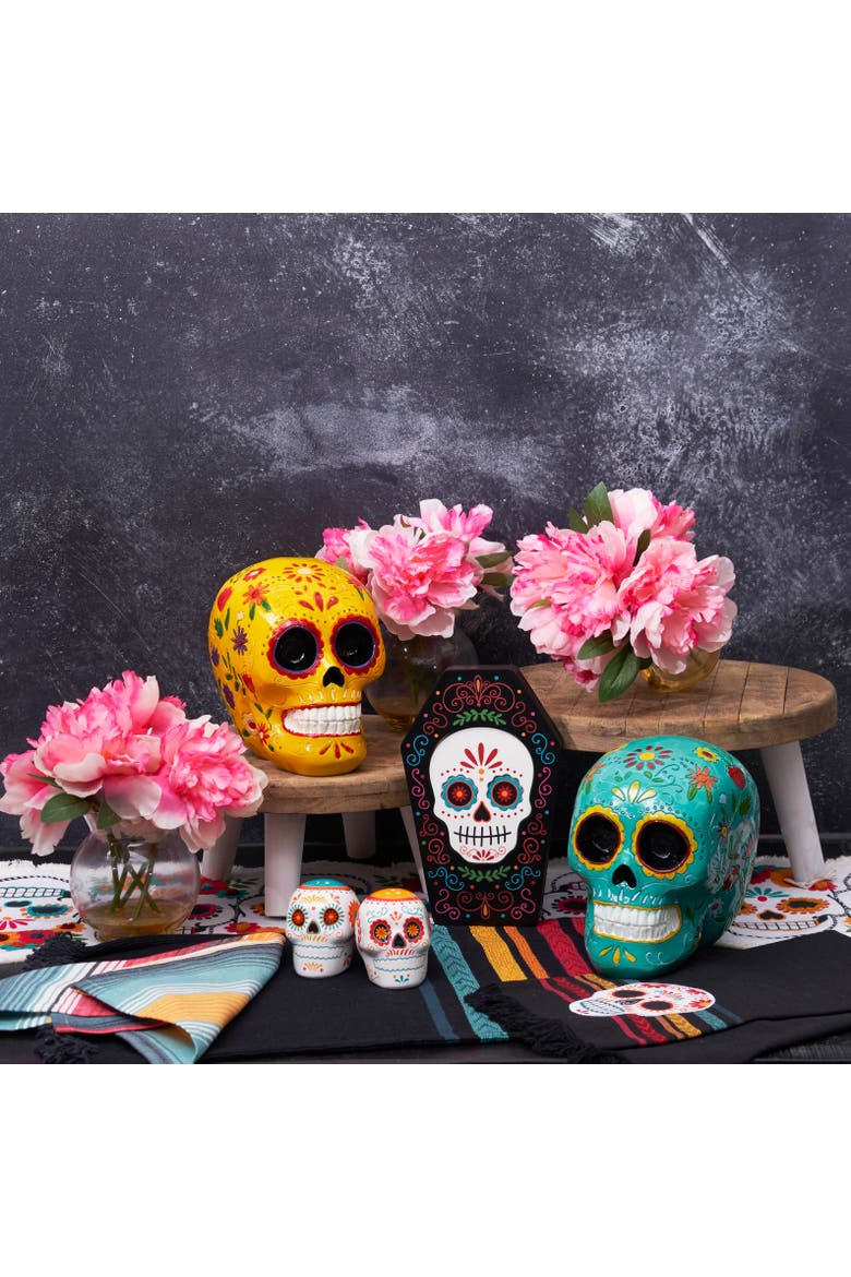 Aqua Floral Sugar Skull Decorative Figure Figurine, Alternate, color, Blue