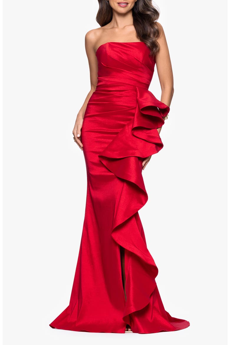 Strapless Cascade Ruffle Gown, Main, color, RED