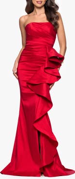 Betsy & Adam Strapless Cascade Ruffle Gown