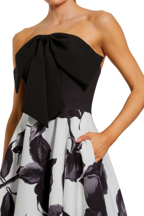 Mac Duggal Crepe Printed Strapless Midi Dress With Bow In Black