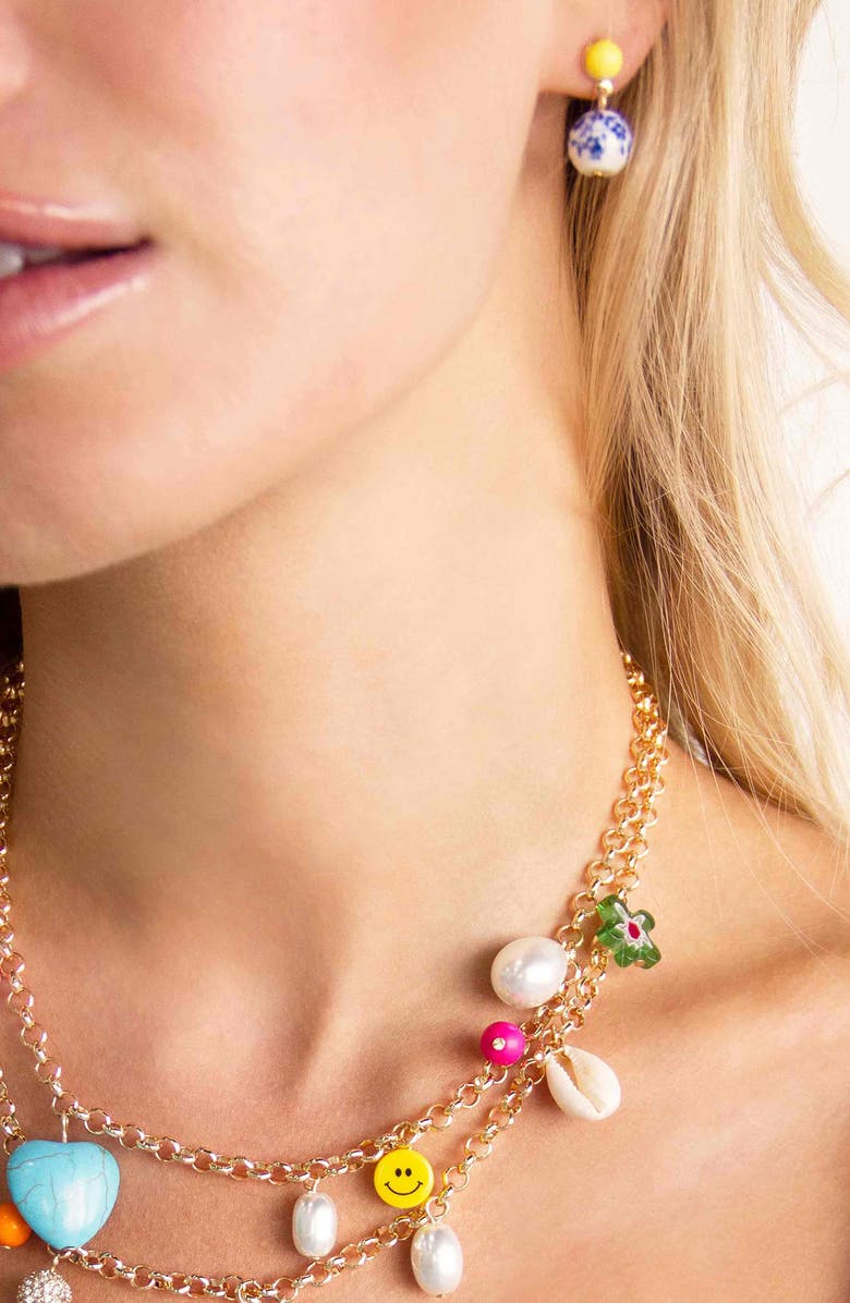 Ettika Chinoiserie Imitation Pearl Drop Earrings, Alternate, color, Blue/ Yellow Multi