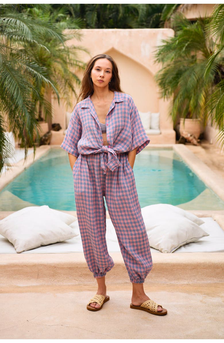 PINK HALEY Vanessa Linen Gingham Shirt, Alternate, color, Purple Gingham