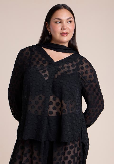 Sheer Polka Dot Blouse With Neck Tie