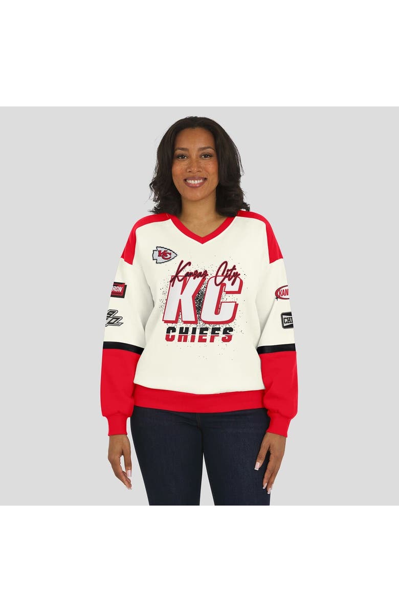 WEAR by Erin Andrews Women's WEAR by Erin Andrews  Cream Kansas City Chiefs Racing Crew V-Neck Sweatshirt, Alternate, color, Cream