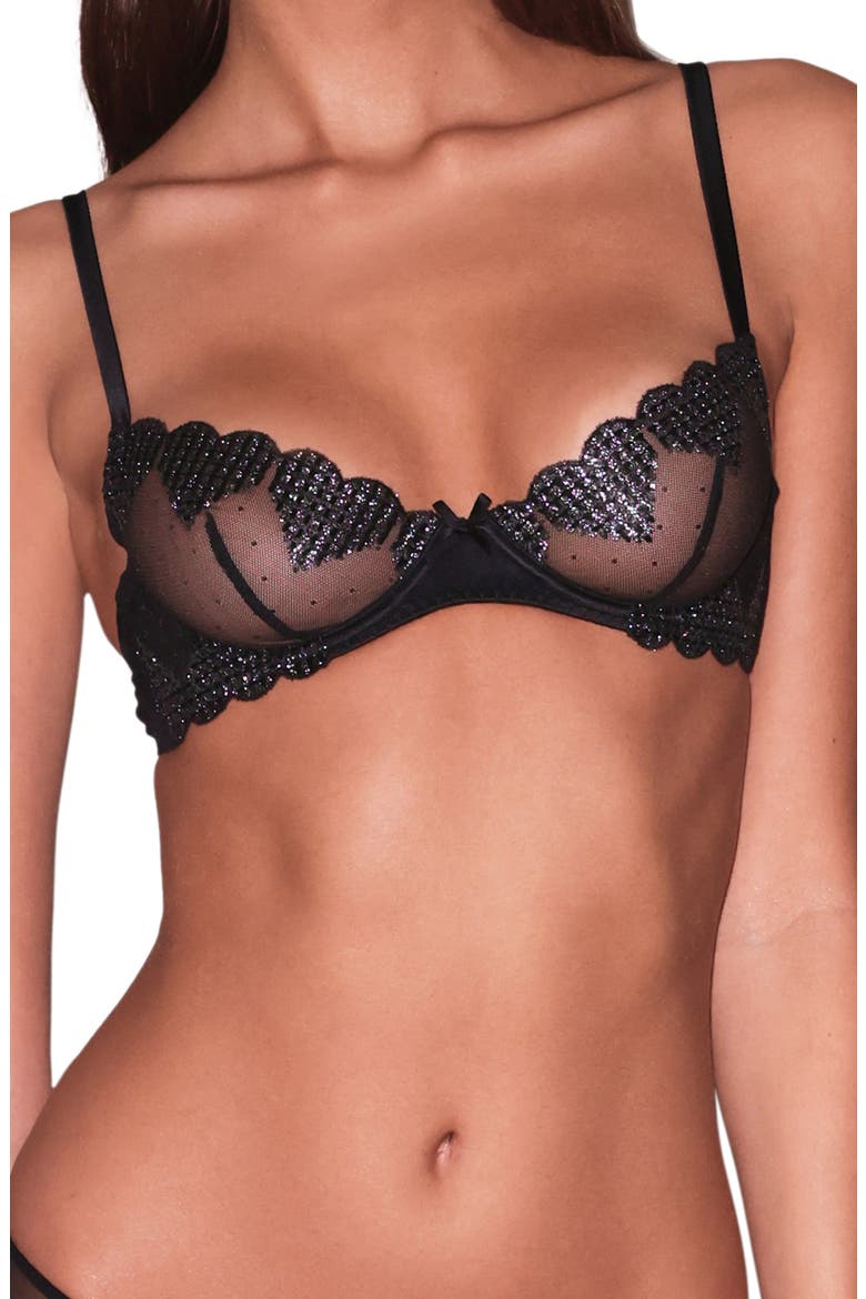 Metallic Heart Embroidered Underwire Demi Bra, Main, color, BLACK